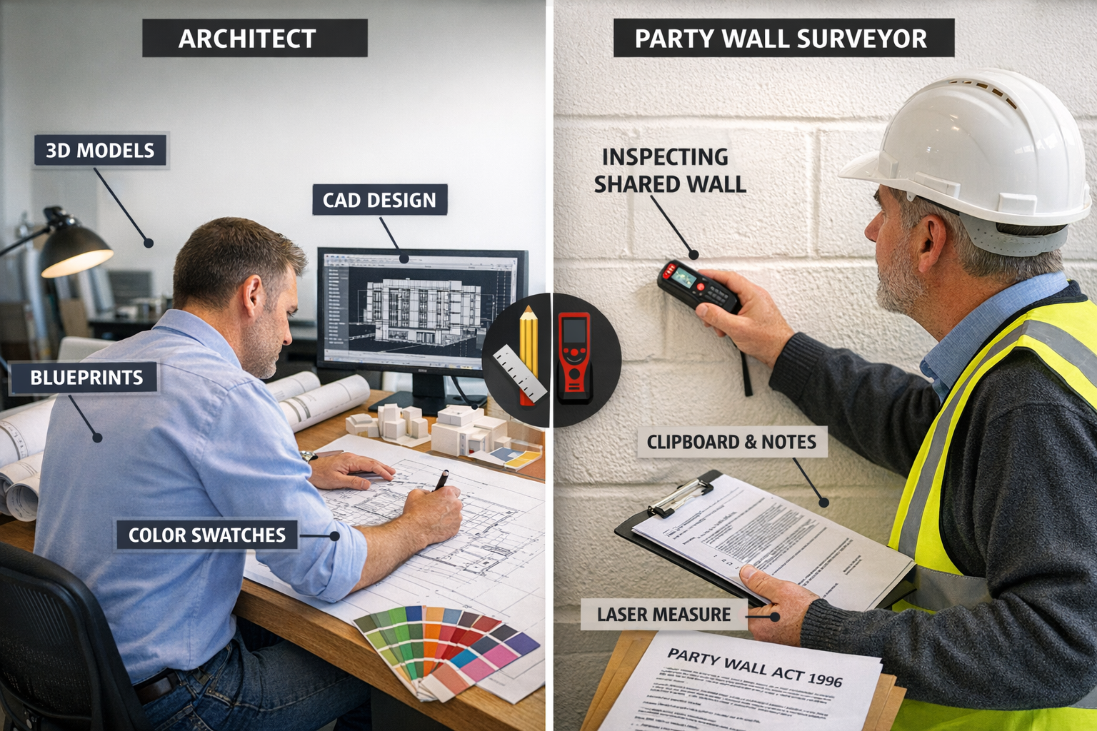 Detailed () image showing side-by-side professional comparison with two distinct work environments. Left half: architect at