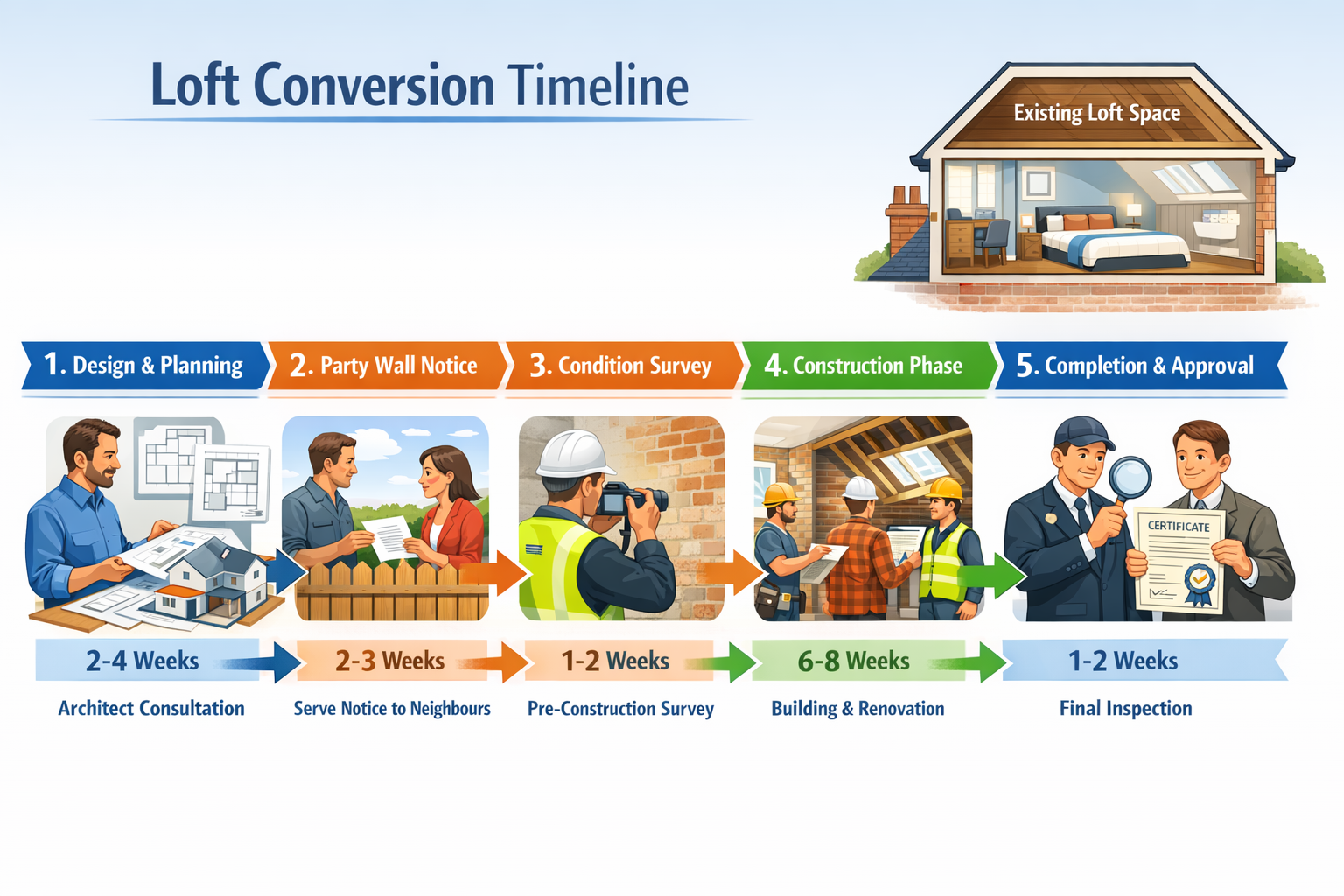 Detailed () infographic-style illustration showing timeline flowchart of typical London terraced house loft conversion