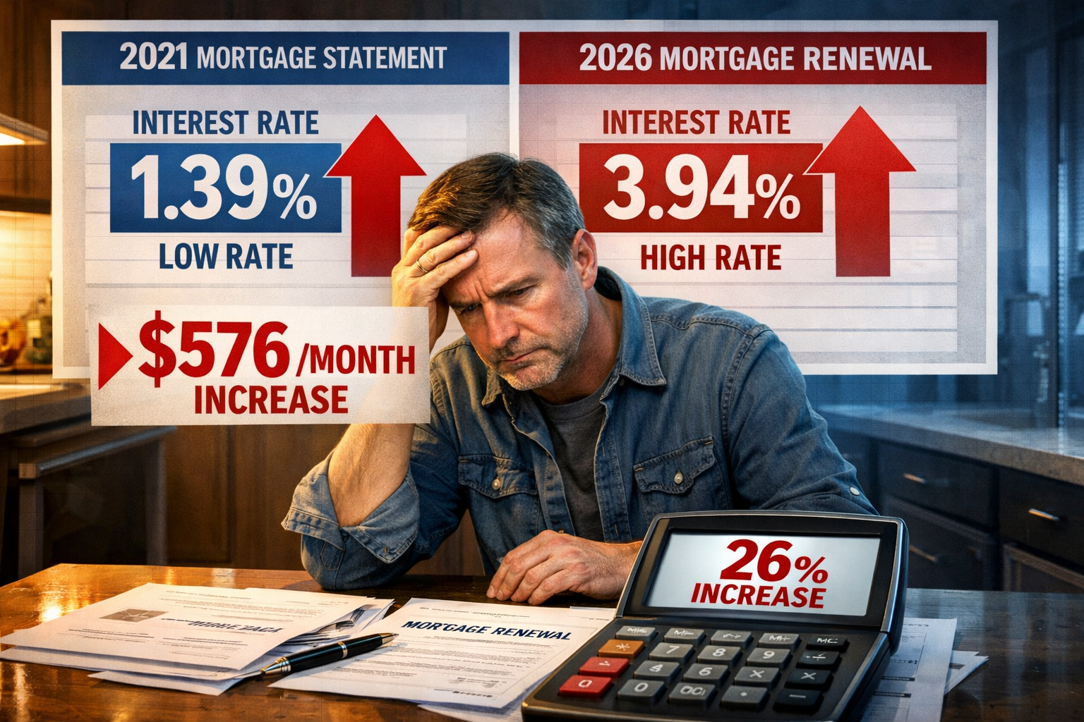 () infographic-style illustration showing a Toronto homeowner at a kitchen table looking stressed, surrounded by mortgage