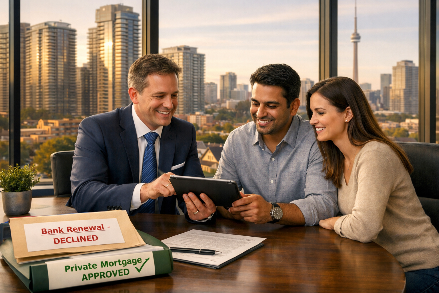 () depicting a professional mortgage broker meeting with a Toronto homeowner couple in a modern glass-walled office,