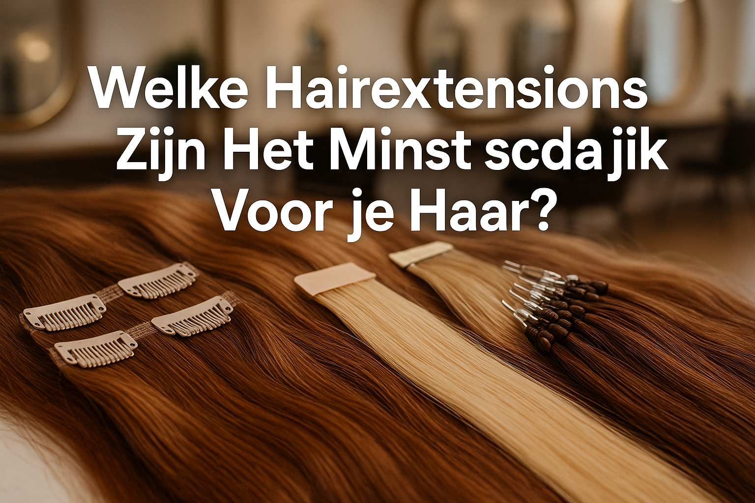 Welke Hairextensions Zijn Het Minst Schadelijk Voor Je Haar? Een Complete Gids Voor 2025 1 Professional landscape hero image (1536x1024) featuring bold text overlay 'Welke Hairextensions Zijn Het Minst Schadelijk Voor Je Haar?' in