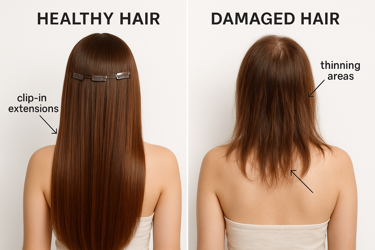 Welke Hairextensions Zijn Het Minst Schadelijk Voor Je Haar? Een Complete Gids Voor 2025 2 Professional landscape image (1536x1024) depicting a split-screen comparison showing healthy natural hair on left versus damaged hair on rig
