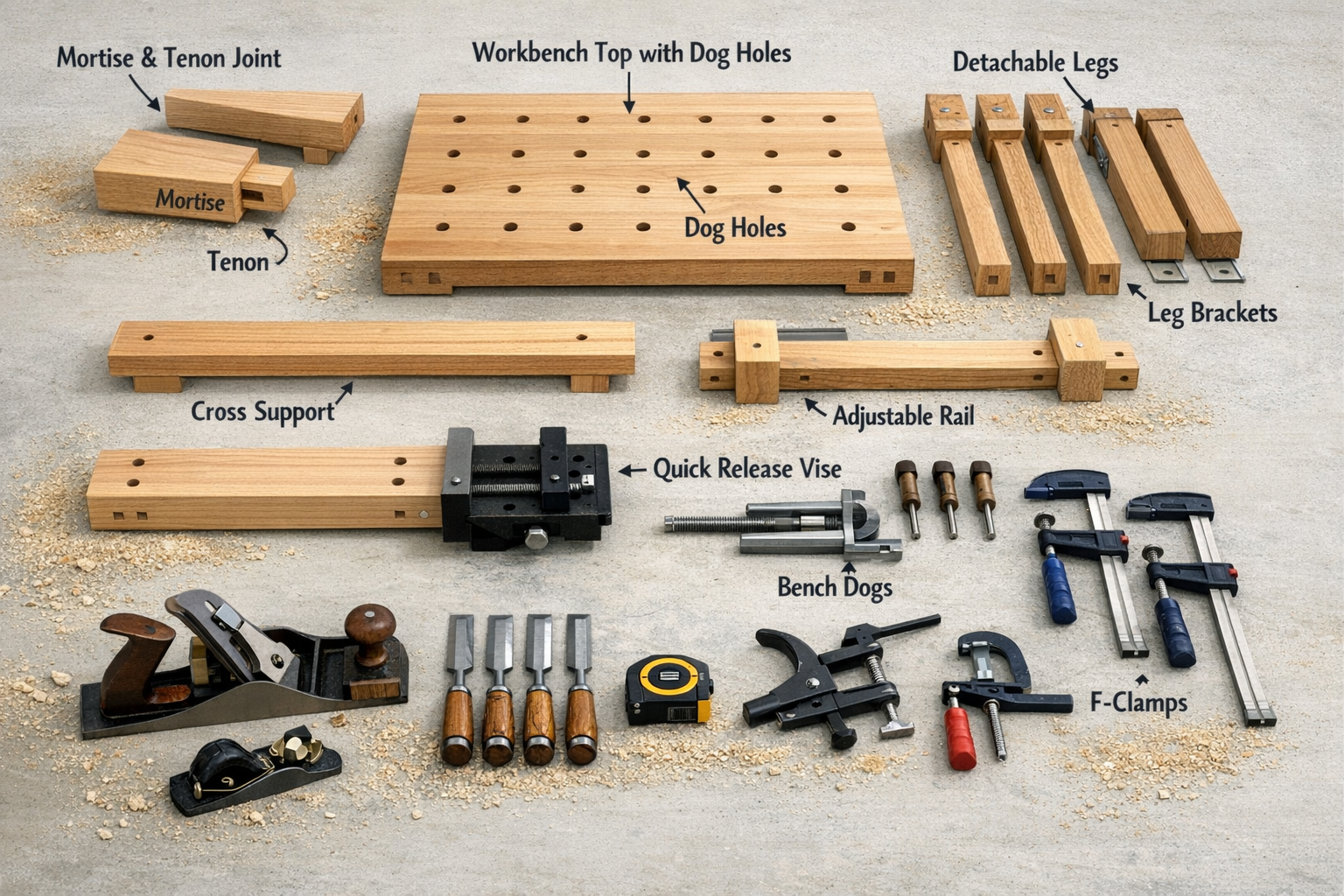 Detailed () image showing various modular components of a portable workbench design in a schematic-like arrangement. Focus