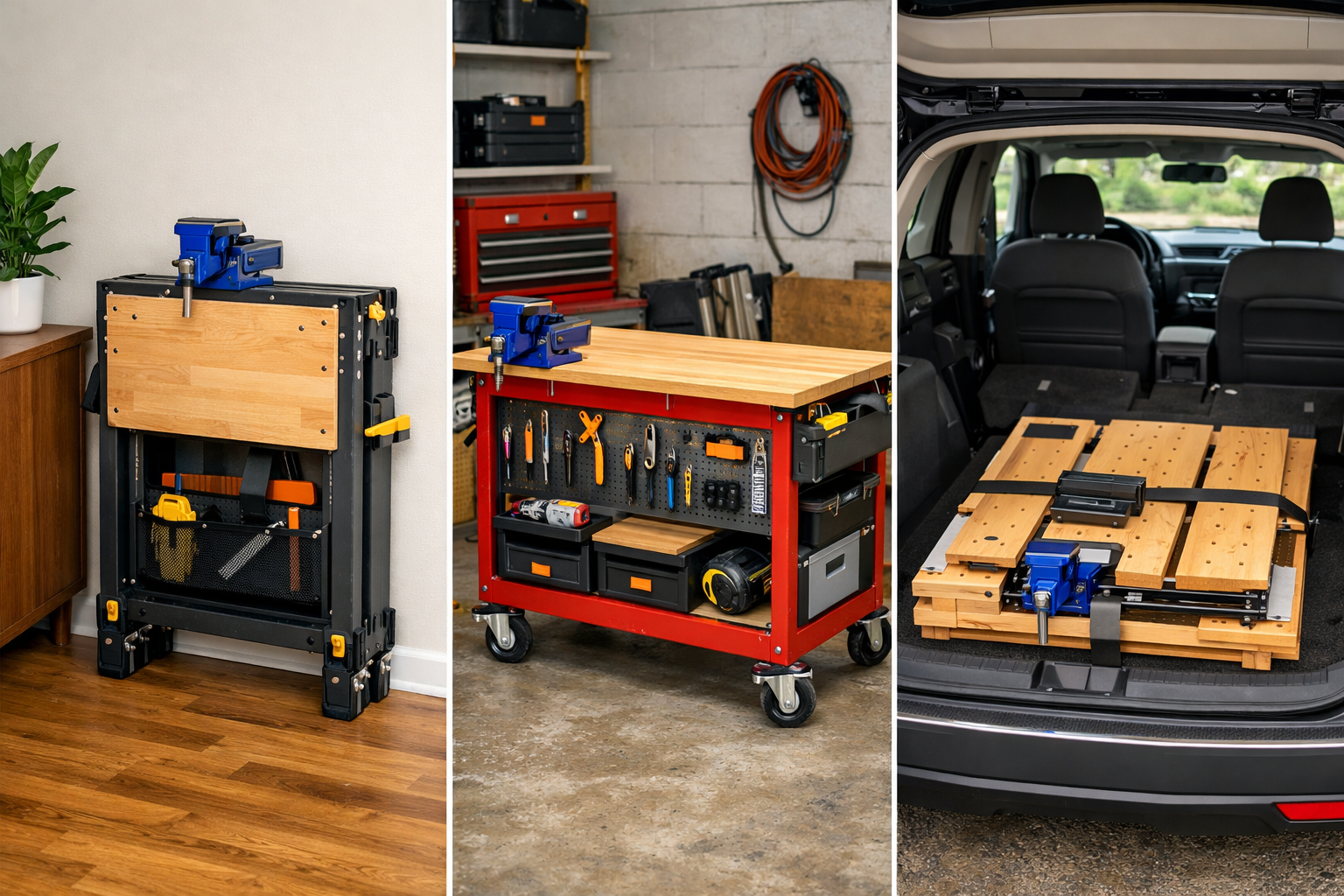 Vibrant () image showcasing three distinct portable workbench designs side-by-side. The first is a compact, foldable design
