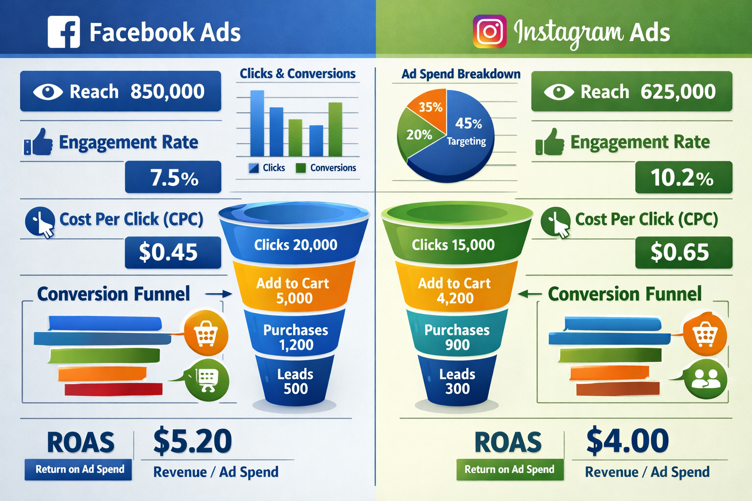Detailed landscape format 1536x1024 infographic illustration displaying Facebook and Instagram ad performance metrics dashboard layout, spli