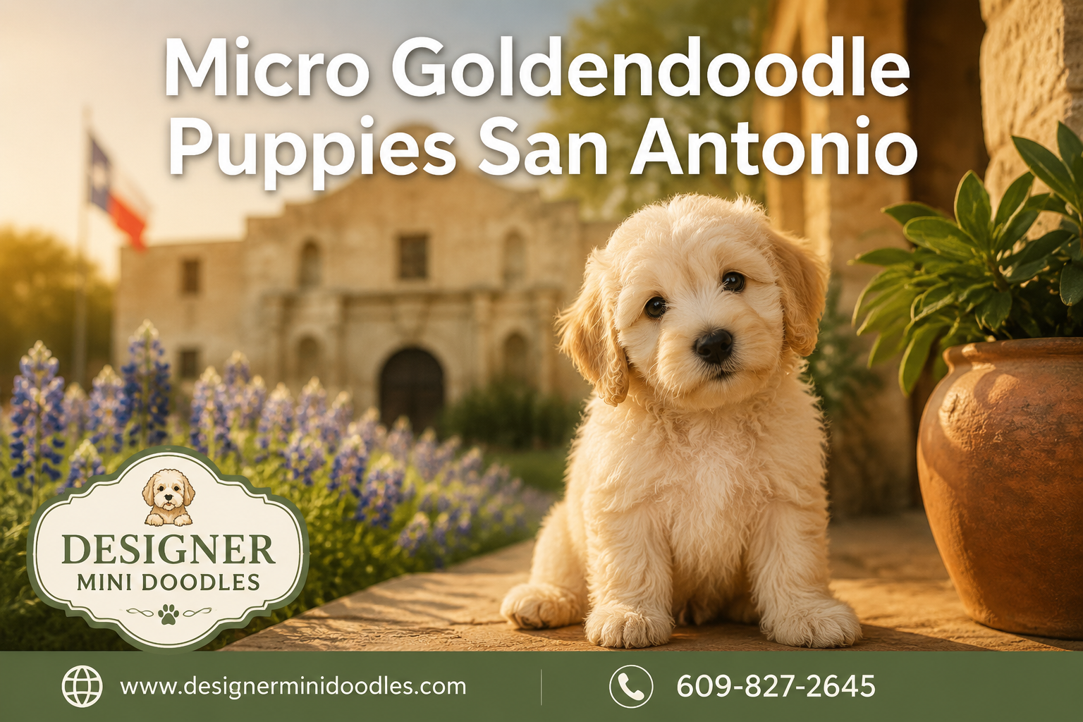 Professional () editorial hero image with 'Micro Goldendoodle Puppies San Antonio' in white with subtle drop , positioned in