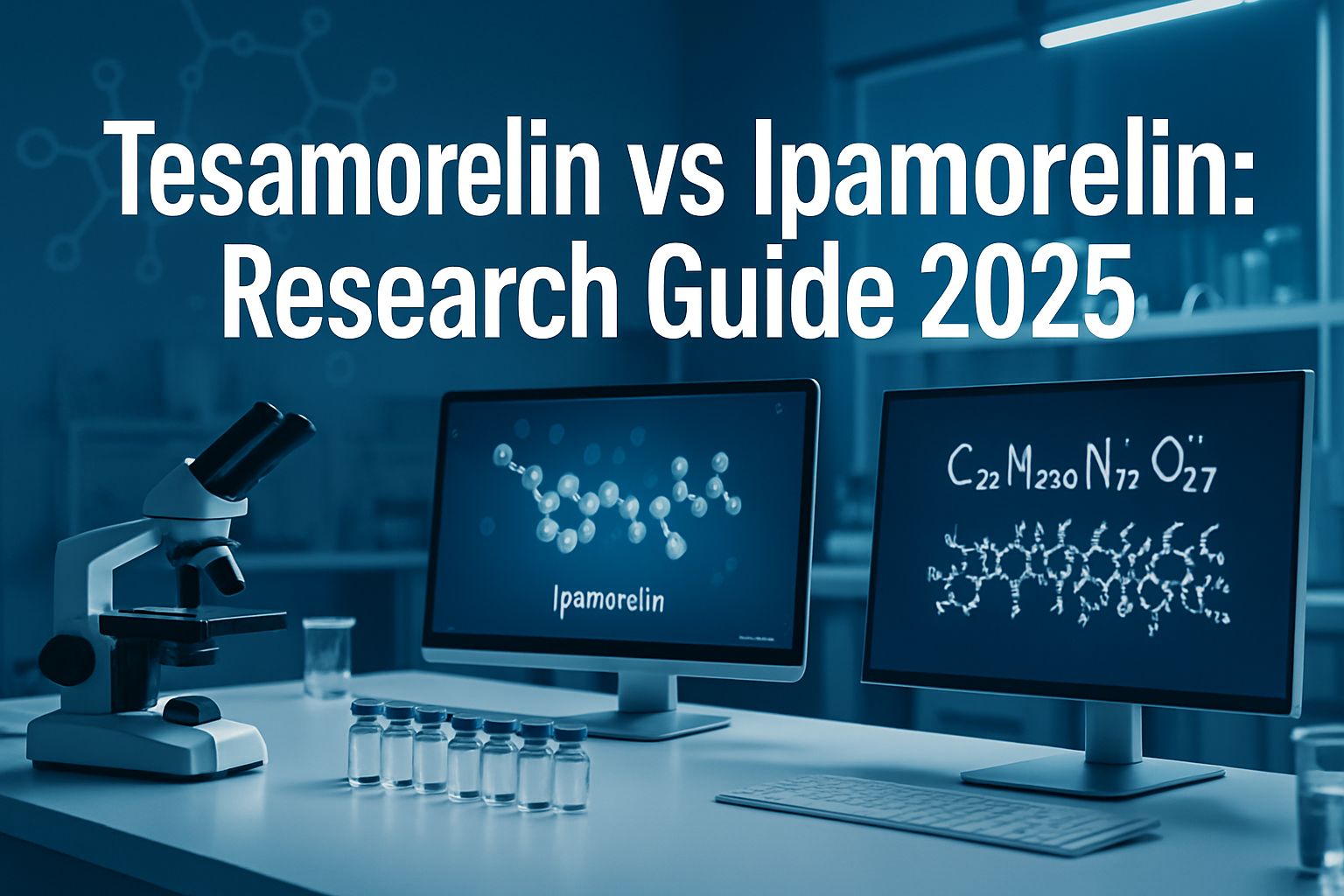 Professional landscape hero image (1536x1024) featuring bold text overlay 'Tesamorelin vs Ipamorelin: Research Guide 2025' in extra large 72