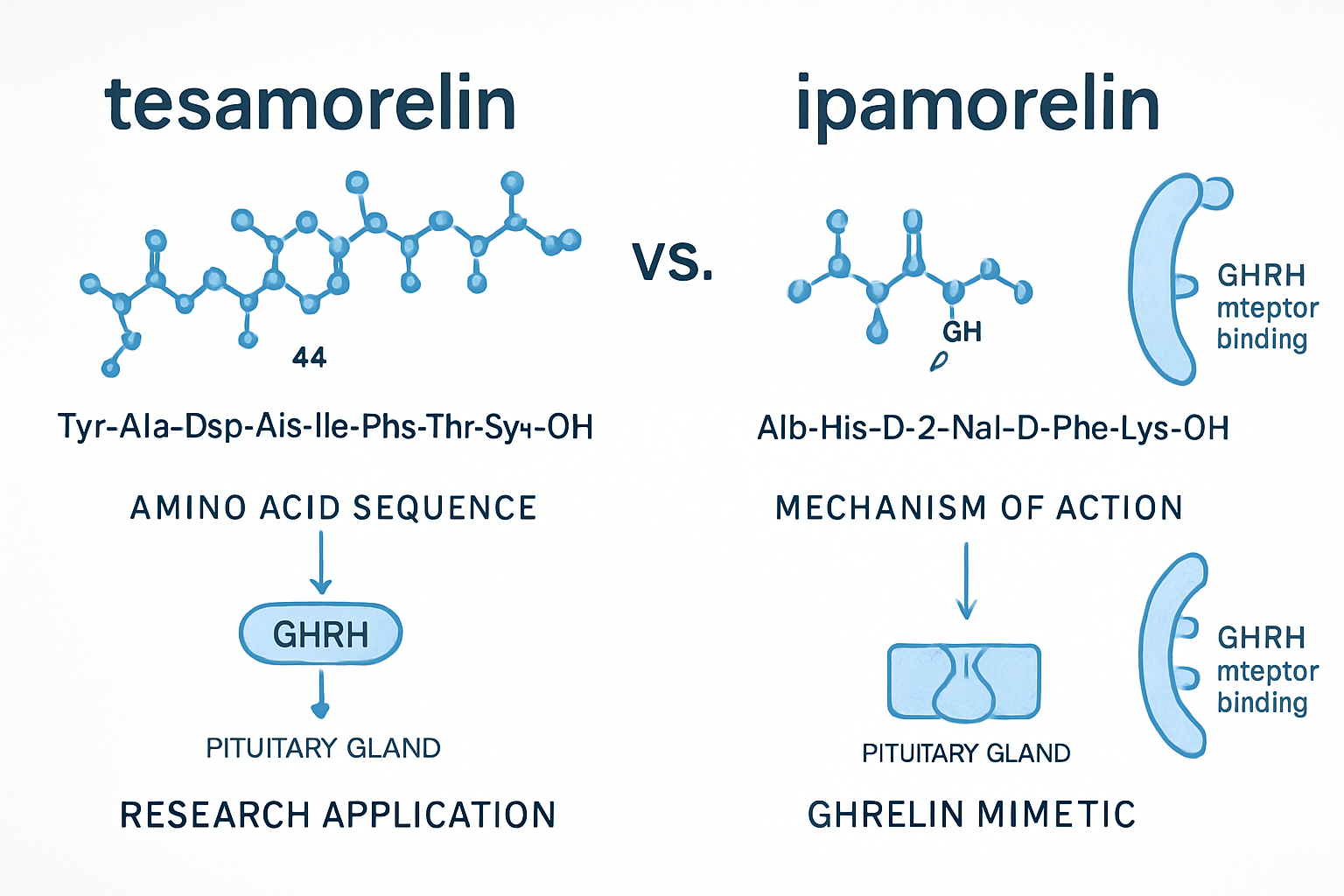 Scientific comparison infographic showing tesa and ipamorelin molecular structures side by side with labeled amino acid sequences, me