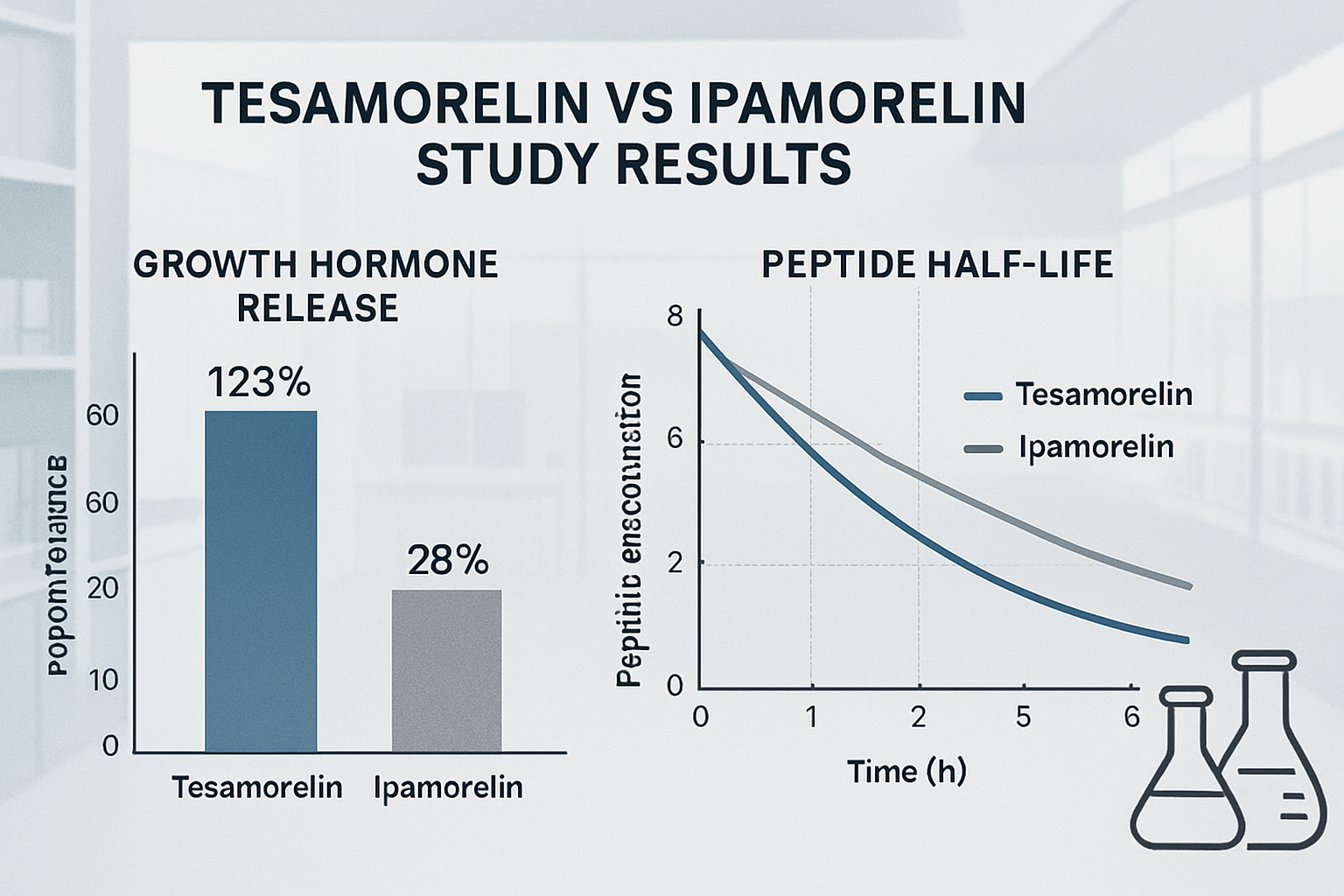 Research data visualization showing tesa vs ipamorelin study results with bar charts comparing growth hormone release patterns, timel