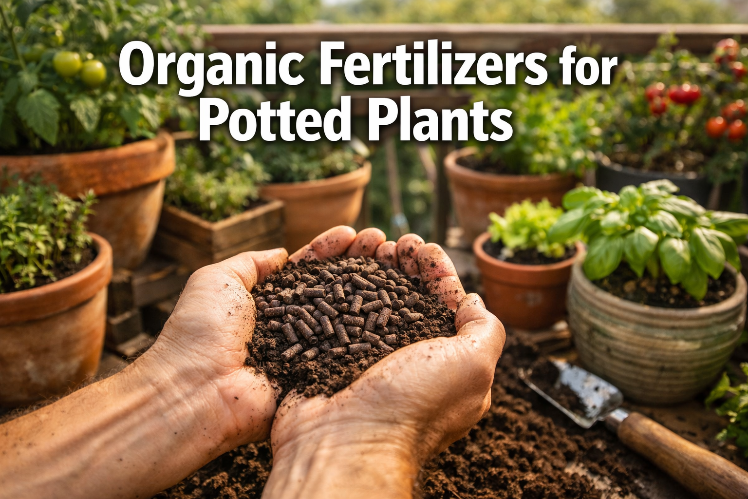 All images must be as if shot with an SLR camera Professional () hero image featuring 'Organic Fertilizers for Potted