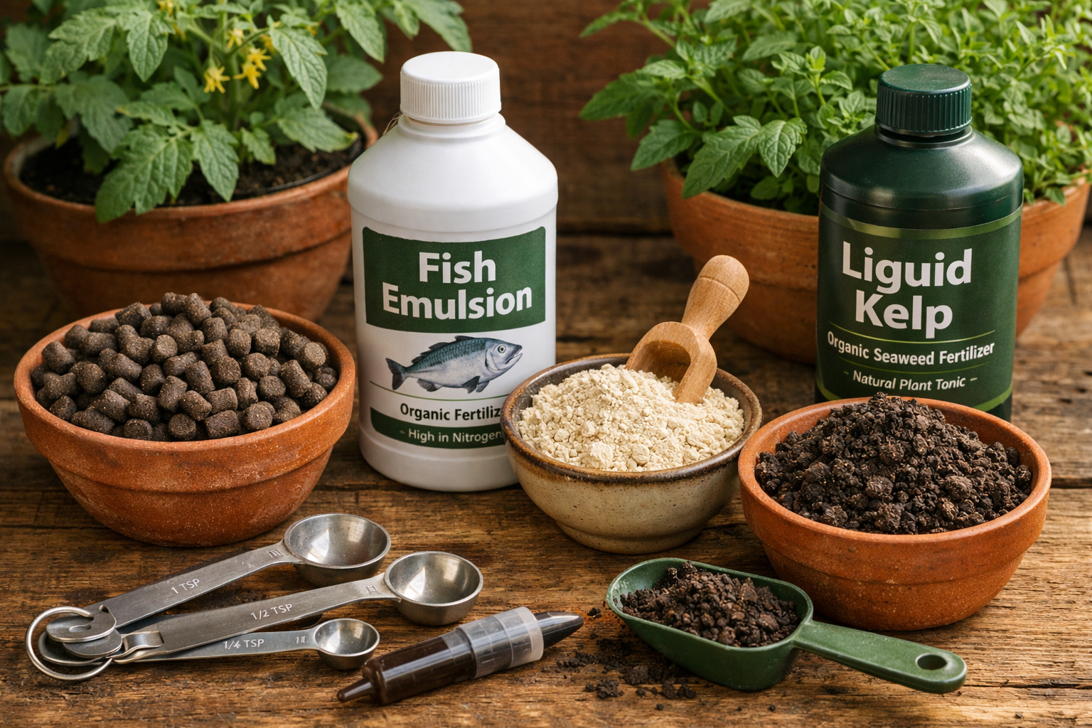 All images must be as if shot with an SLR camera () detailed close-up shot showing various types of organic fertilizers for