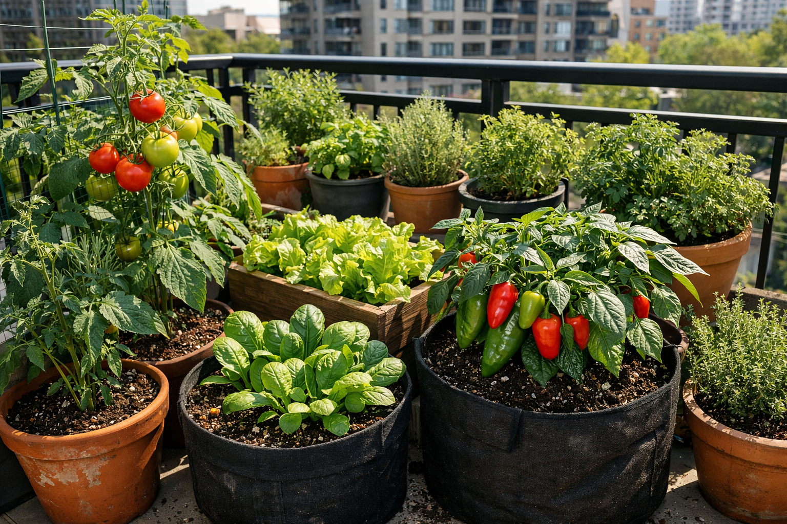 All images must be as if shot with an SLR camera () thriving urban container garden on apartment balcony showcasing healthy,