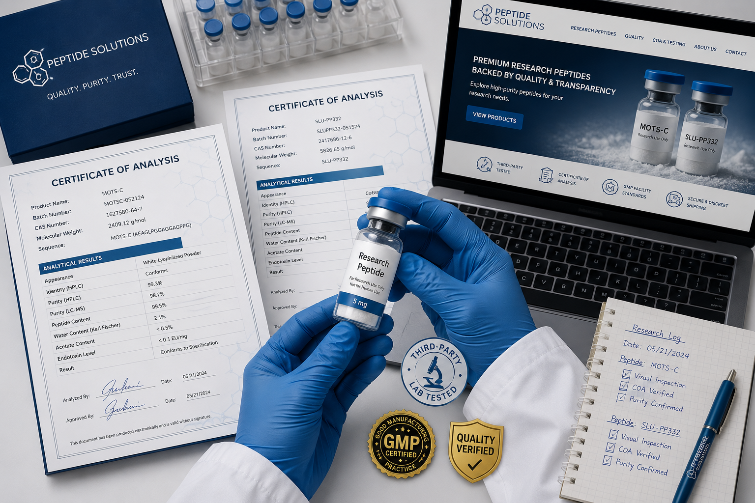 Detailed () showing a clean e-commerce quality assurance scene: a researcher in a white lab coat holding a glass vial