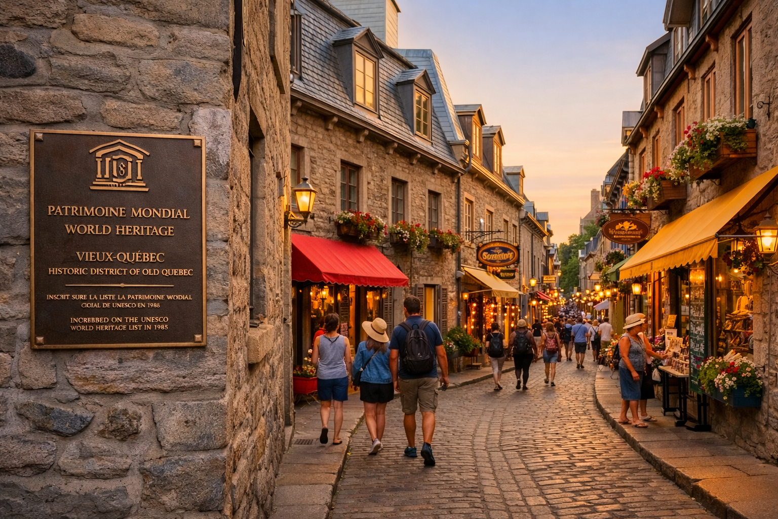 Landscape format (1536x1024) editorial photograph of the narrow cobblestone Rue du Petit-Champlain in Quebec City during golden hour, showin