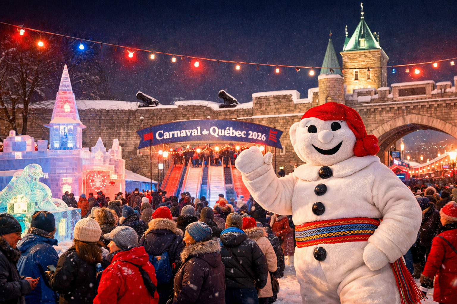 Landscape format (1536x1024) vibrant winter scene of Carnaval de Québec 2026 festivities outside the fortified walls of Old Quebec, featurin