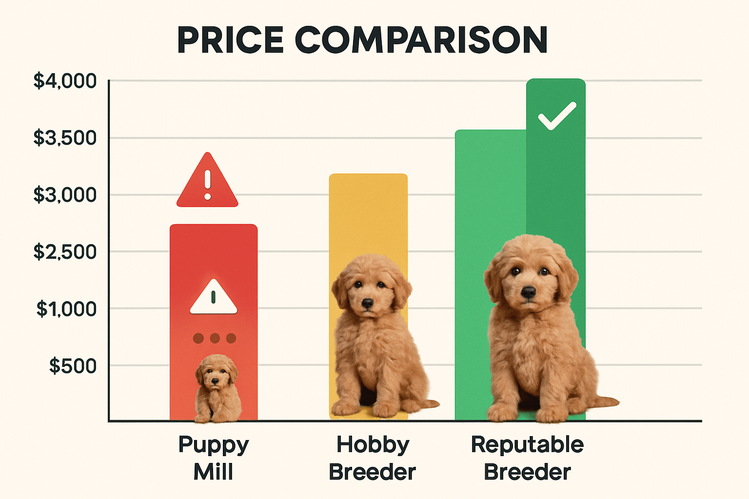 Interactive price comparison chart displaying different breeder categories with mini goldendoodle images, price ranges from $500-$4000, qual