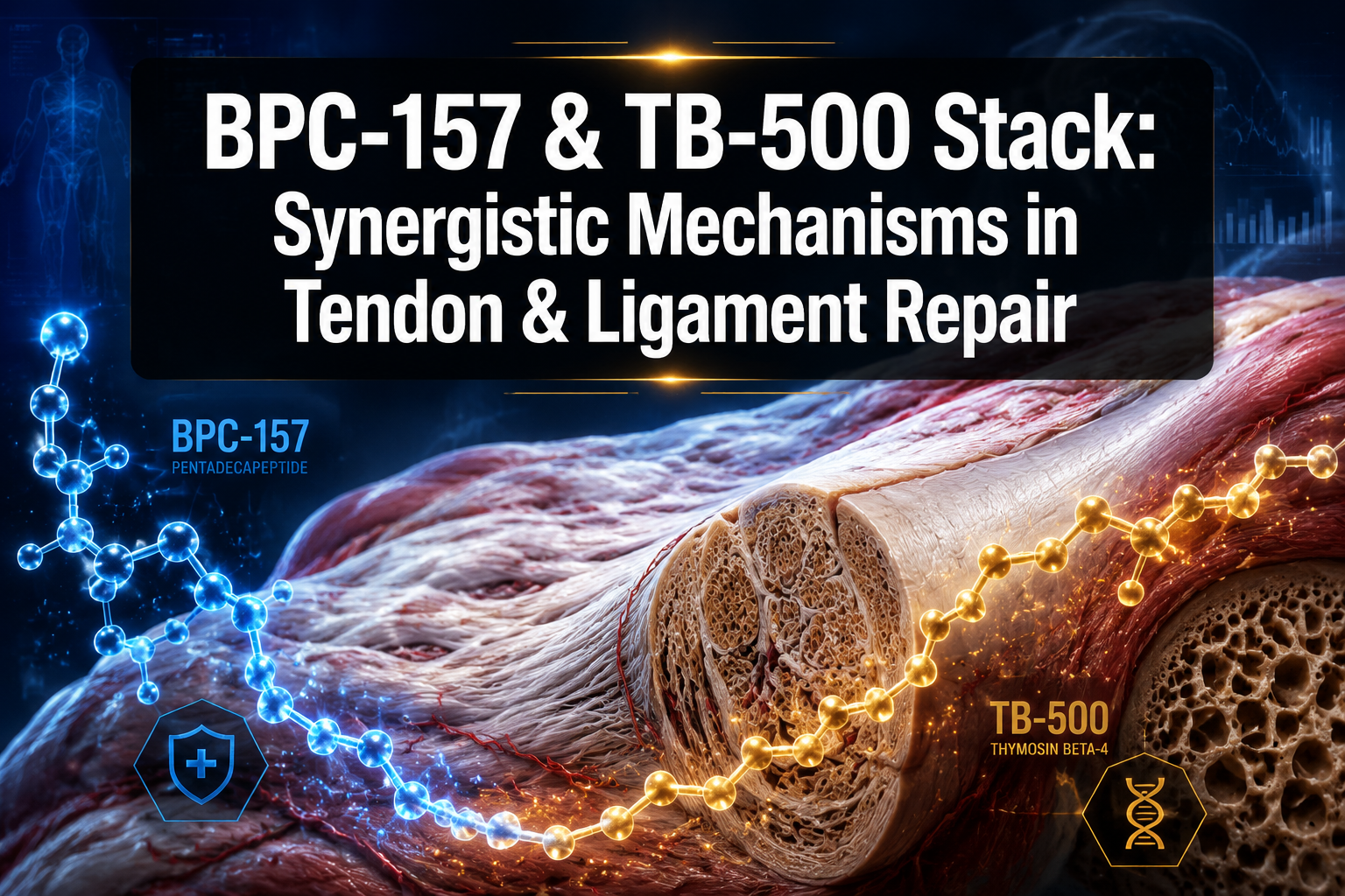 Professional () hero image with : 'BPC-157 & TB-500 Stack: Synergistic Mechanisms in Tendon & Ligament Repair' in extra