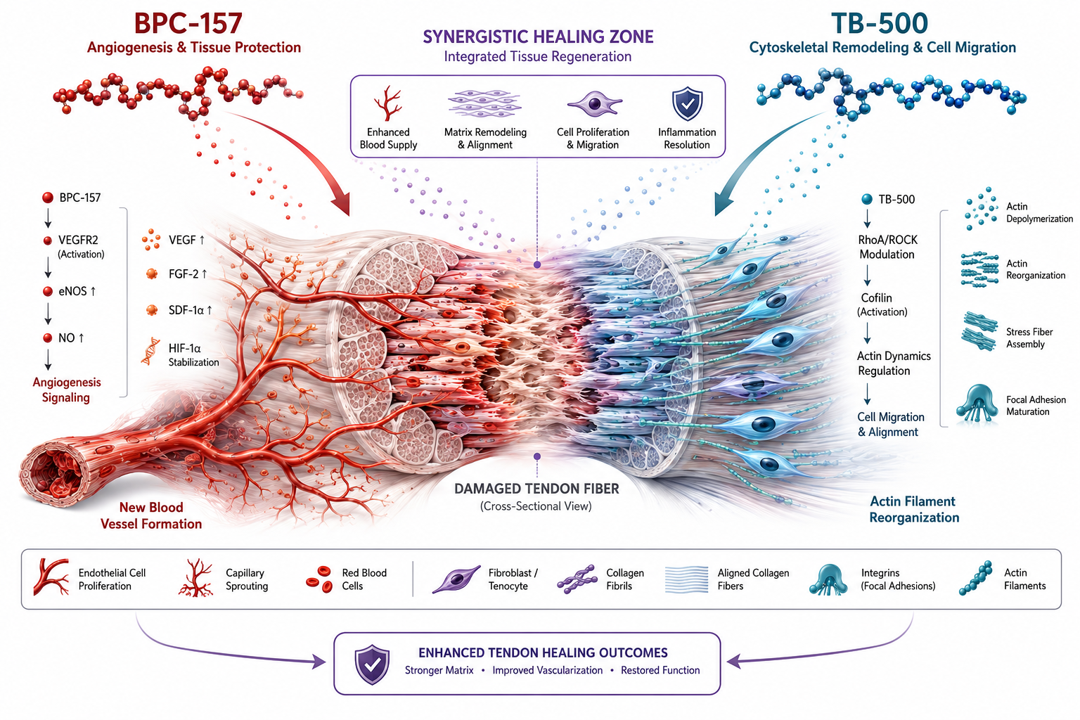 Detailed () scientific illustration showing two distinct peptide molecules labeled BPC-157 and TB-500 approaching a damaged