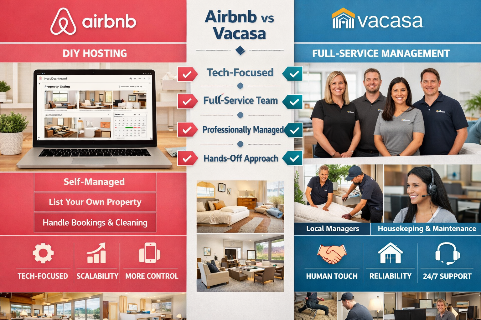 Detailed landscape format (1536x1024) infographic-style image comparing Airbnb and Vacasa business models side-by-side. Left panel shows Air