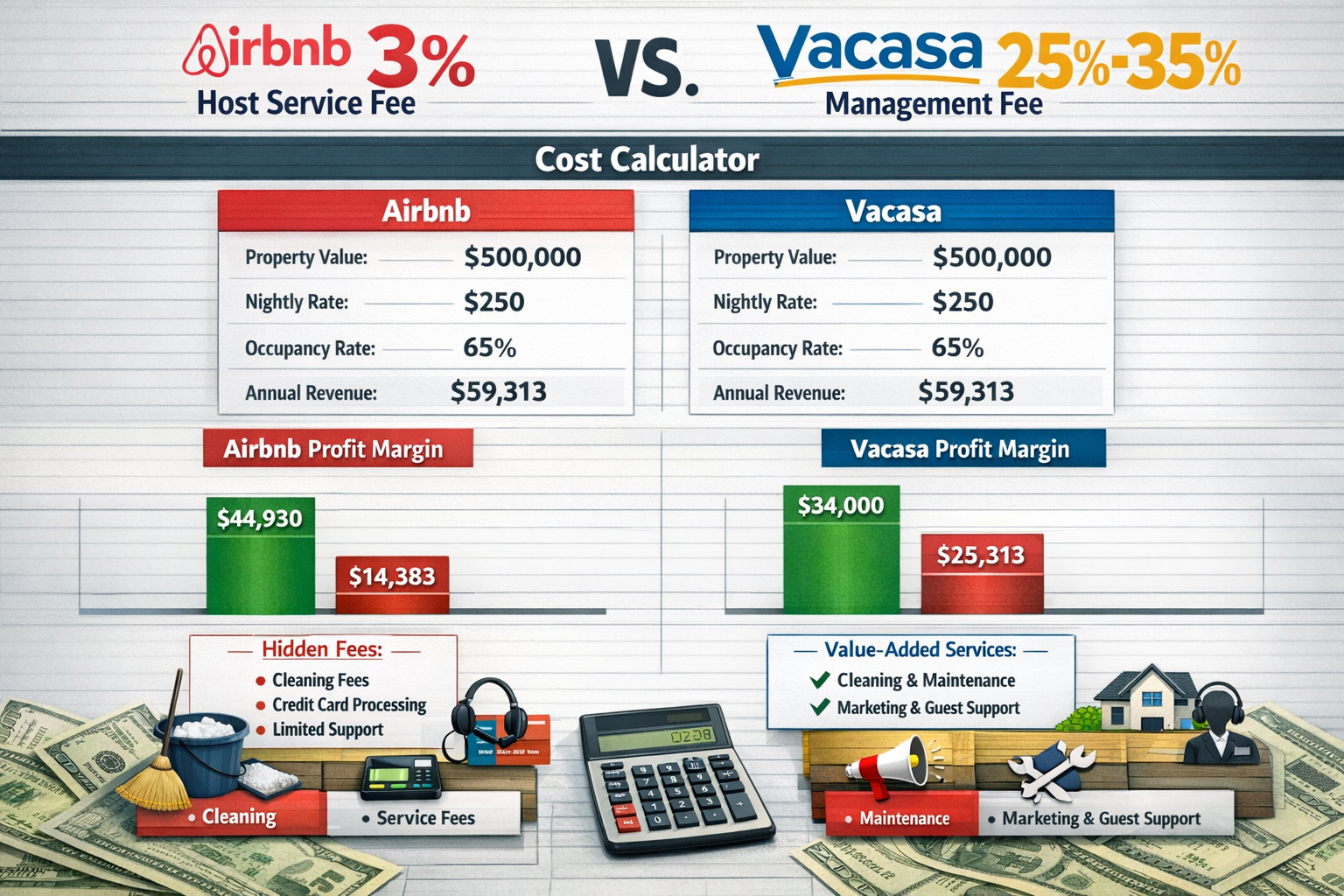 Comprehensive landscape format (1536x1024) cost breakdown visualization featuring dual bar graphs and pie charts comparing Airbnb versus Vac