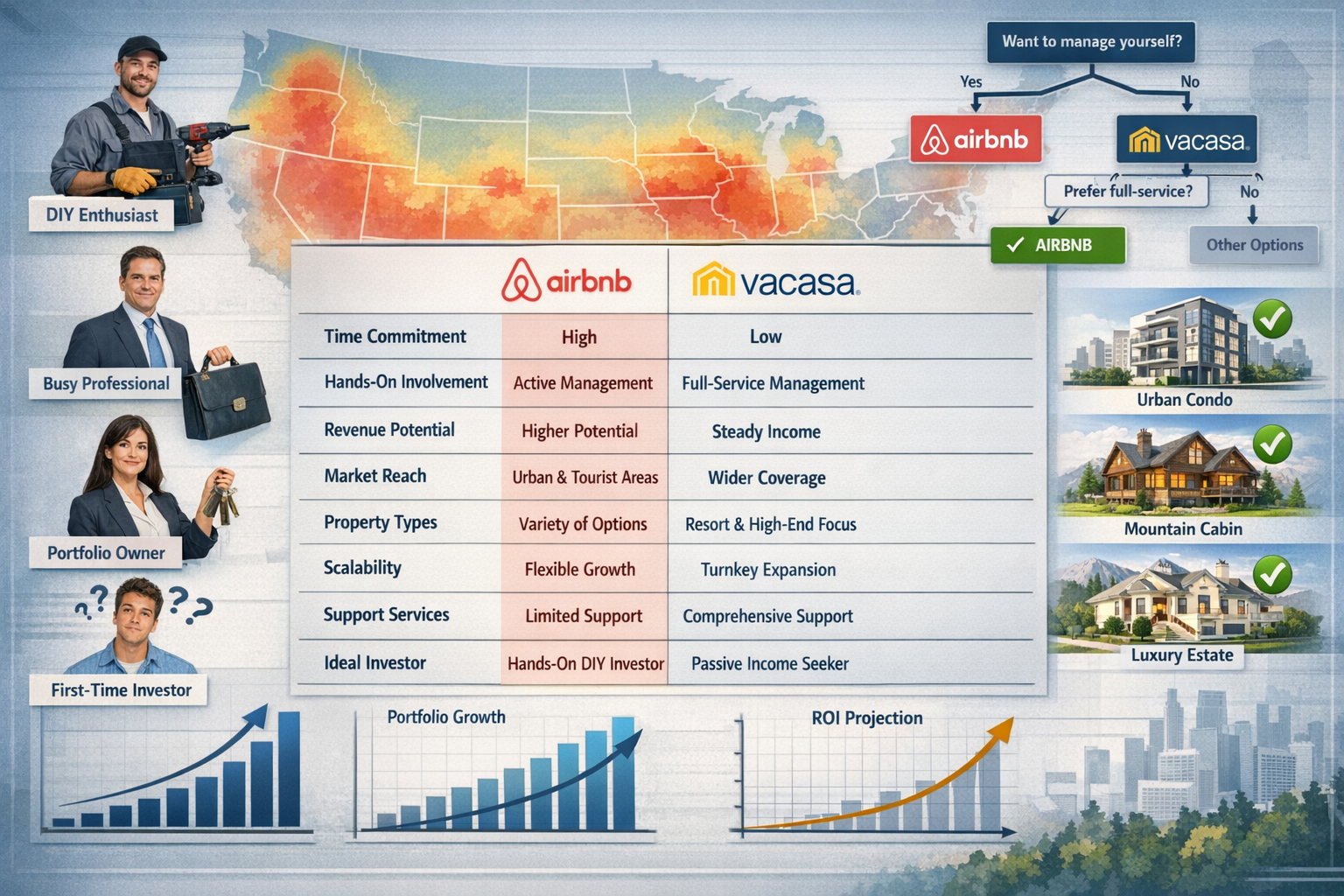 Strategic landscape format (1536x1024) decision-making matrix image for real estate investors choosing between Airbnb and Vacasa. Center fea