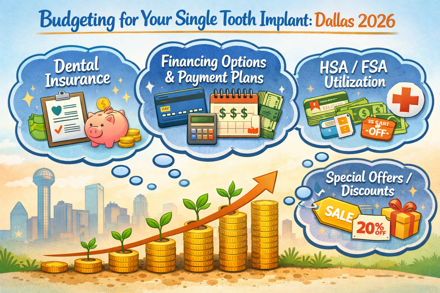 An illustrative graphic in () titled 'Budgeting for Your Single Tooth Implant: Dallas 2026'. The image should depict a