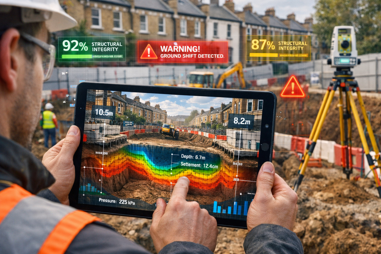 Detailed () image showing close-up view of surveyor using tablet displaying real-time 3D digital twin interface at urban