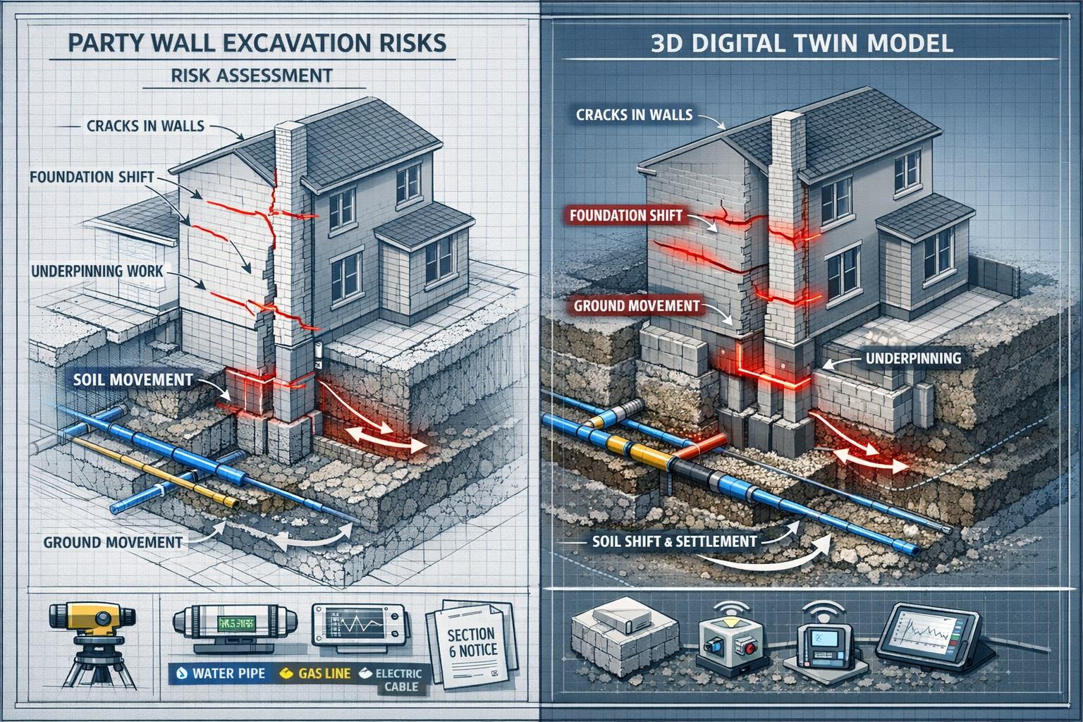 Detailed architectural cutaway illustration showing party wall excavation risks, split-screen visualization with 3D digital