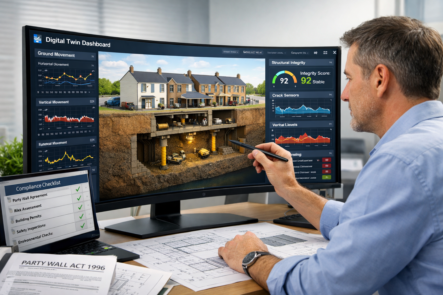 Detailed () image showing modern construction office environment with large curved monitor displaying comprehensive digital