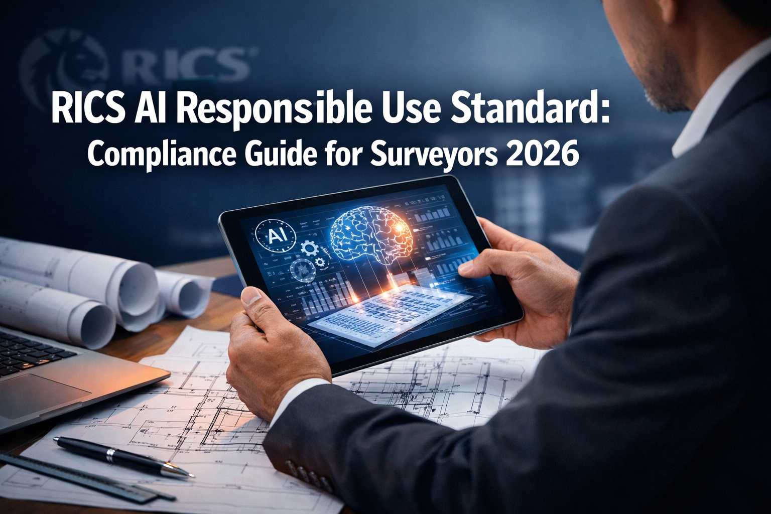 Professional () editorial hero image featuring 'RICS AI Responsible Use Standard: Compliance Guide for Surveyors 2026' in