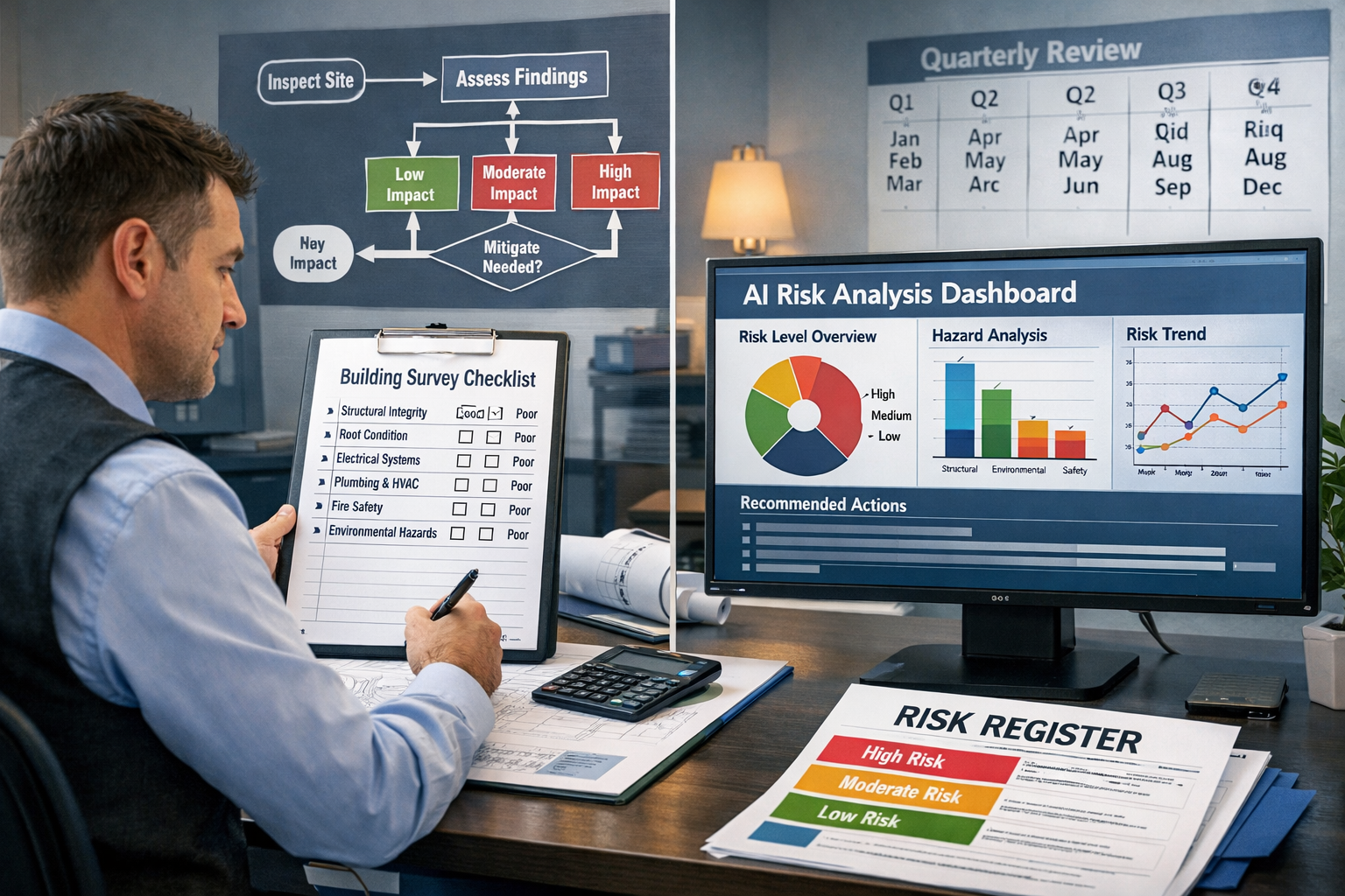 Detailed () image showing professional surveyor at desk conducting material impact assessment, split-screen composition with