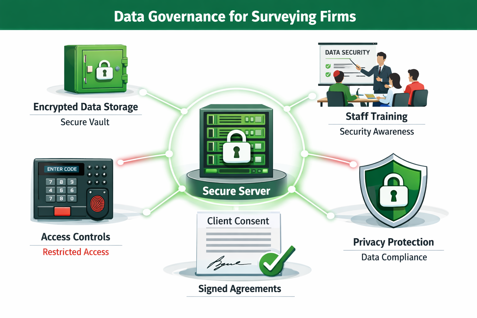 () detailed infographic illustration showing data governance framework for surveying firms, central secure server icon with