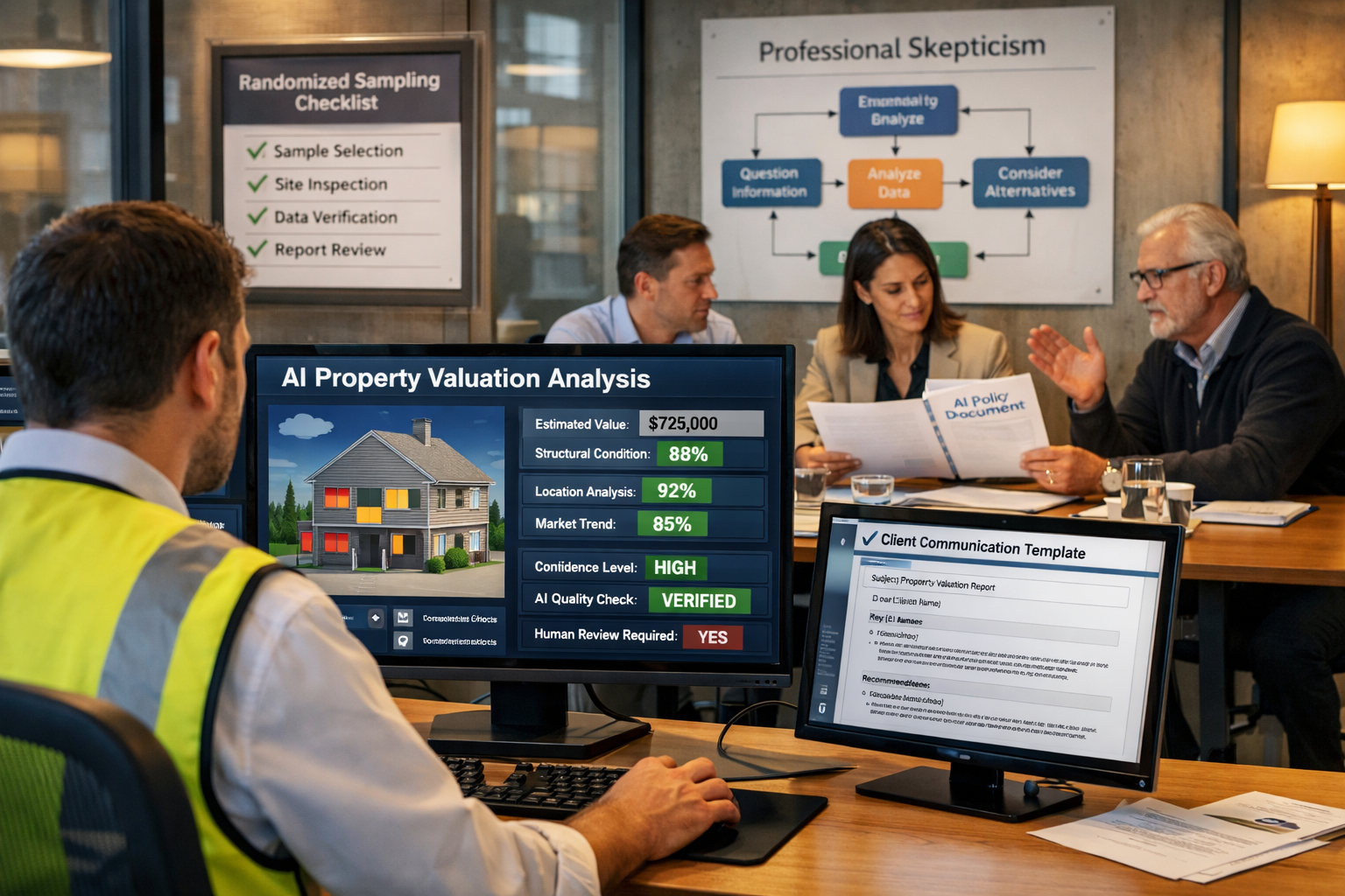 () image depicting practical AI implementation in surveying practice, foreground shows surveyor using AI-powered property