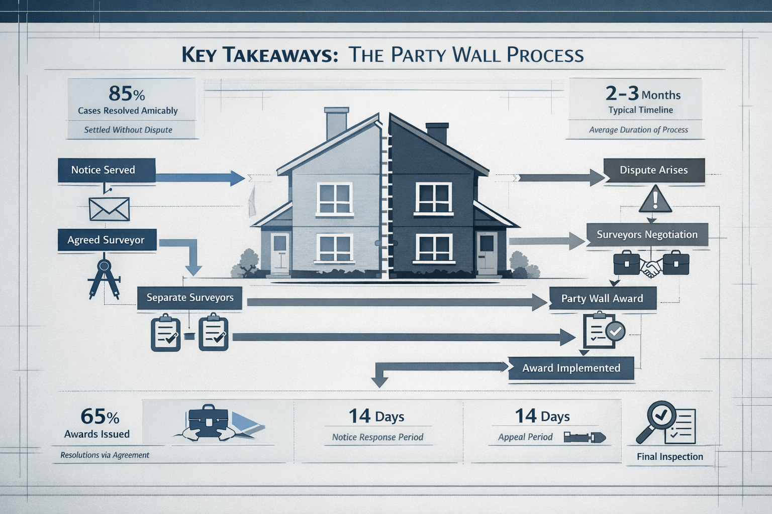 Key Takeaways infographic visualizing the entire party wall process, featuring a flowchart-style diagram with interconnected