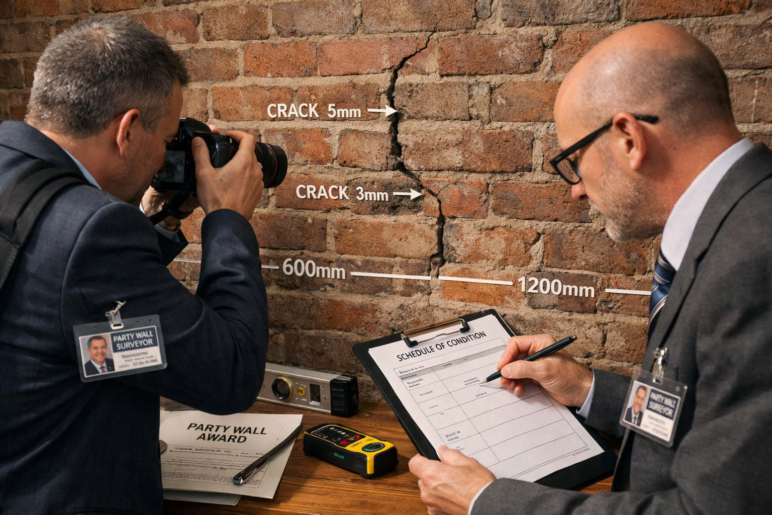 () professional scene showing two appointed party wall surveyors in business attire conducting property inspection with