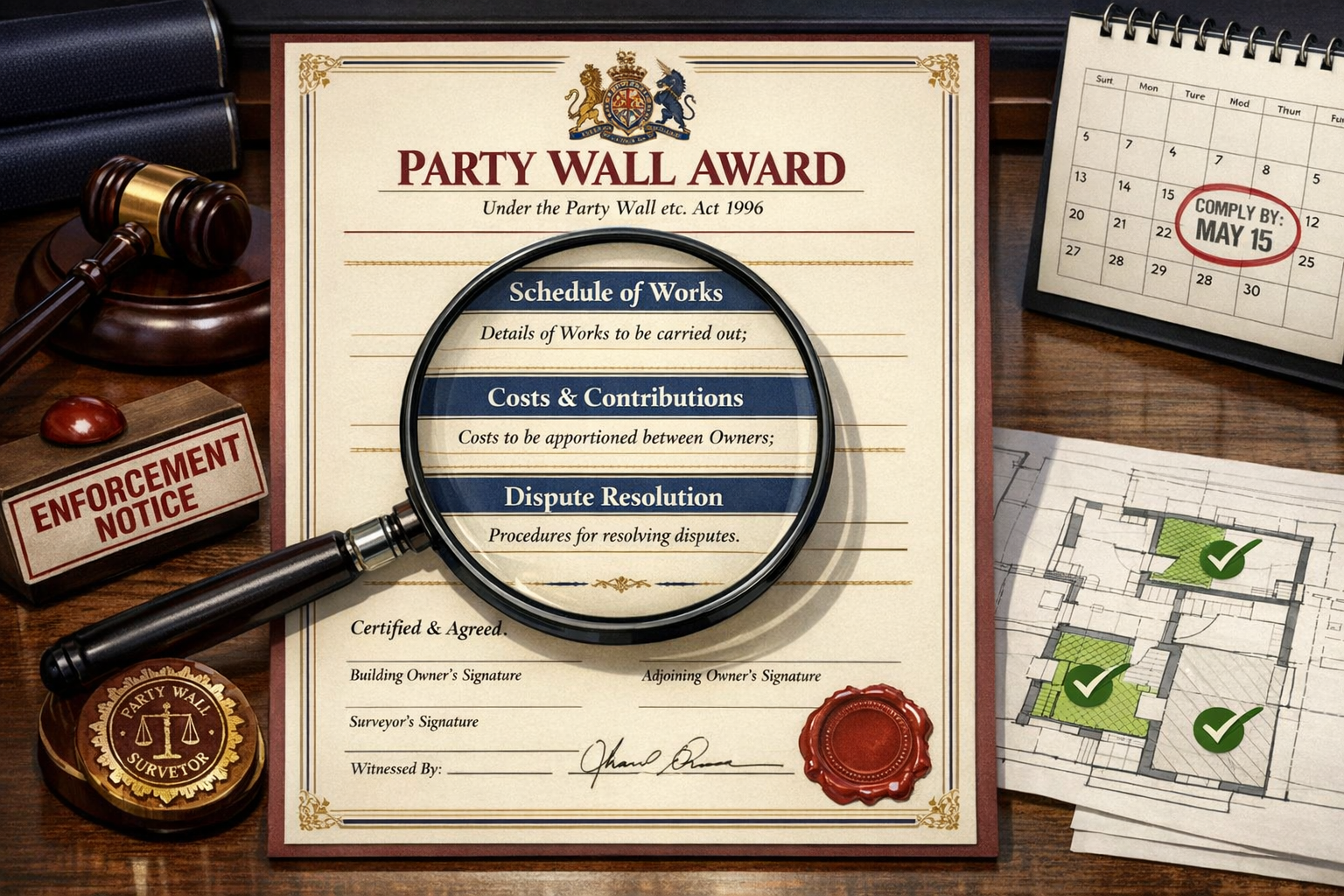 () official party wall award document displayed as central focus with magnifying glass highlighting key sections including