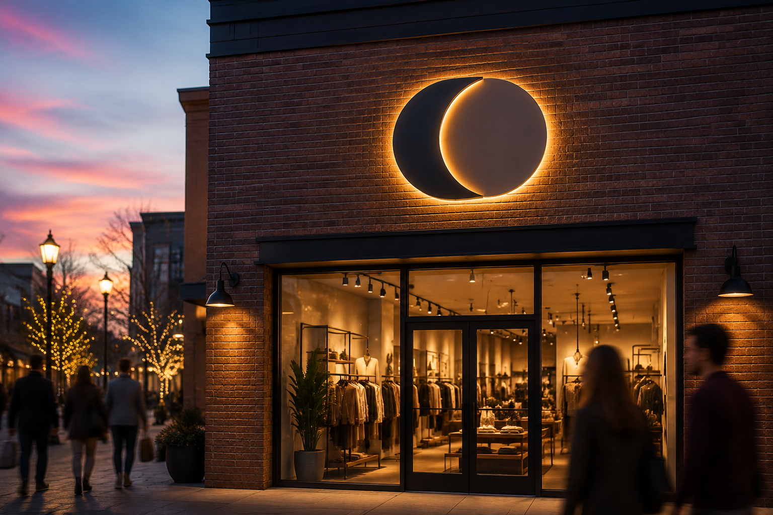 Retail storefront at dusk with a halo-lit acrylic business sign and dimensional letters mounted on a brick facade, casting a soft glow around each letter