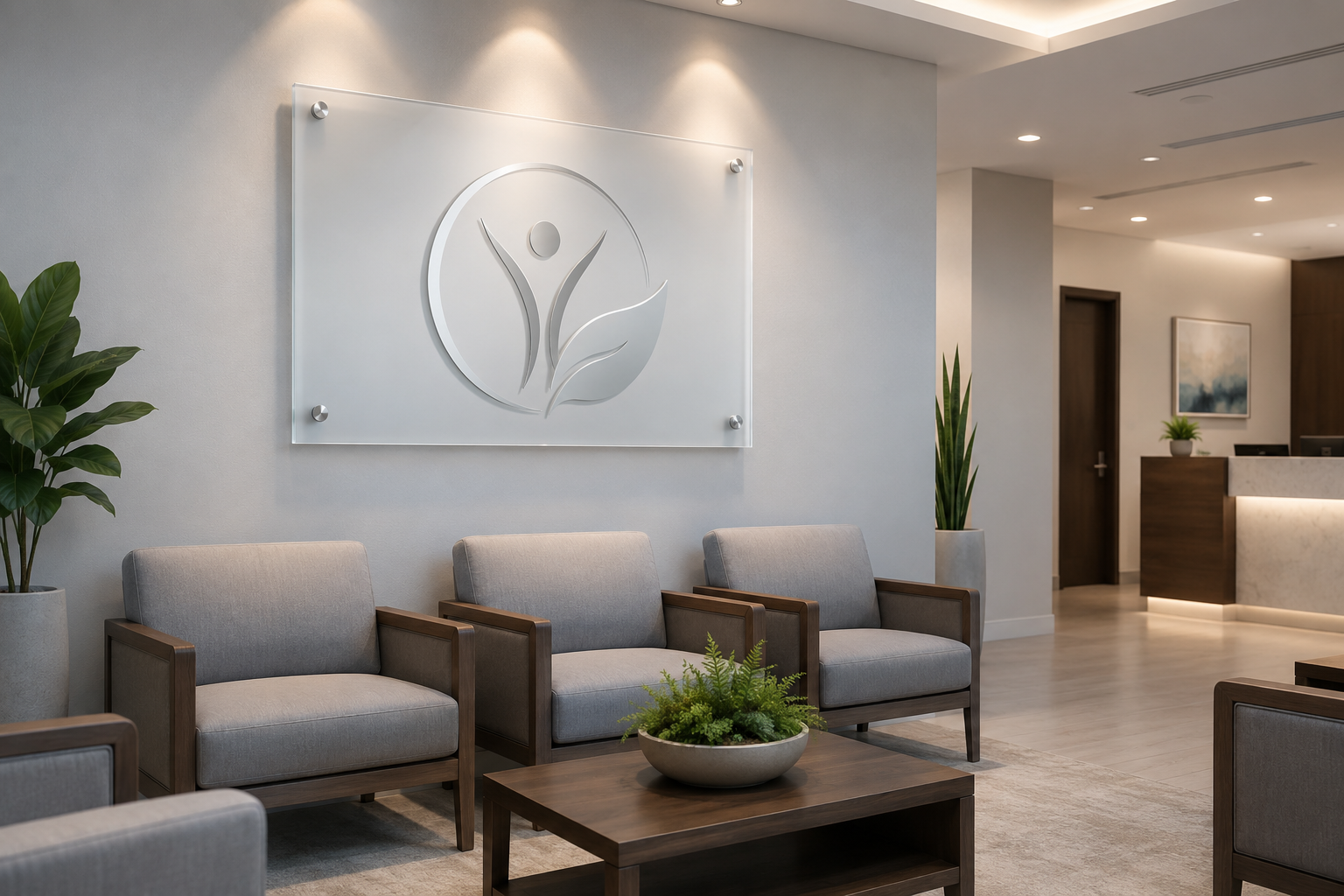 Medical office waiting area with a flat-cut acrylic business sign showing a practice name and logo, mounted on a light-colored wall above seating, with a frosted finish and polished edges