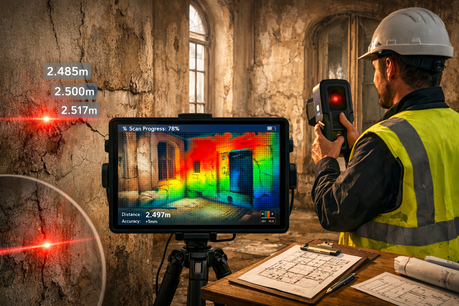 () detailed interior scene showing professional surveyor in high-visibility vest using handheld laser scanner device inside