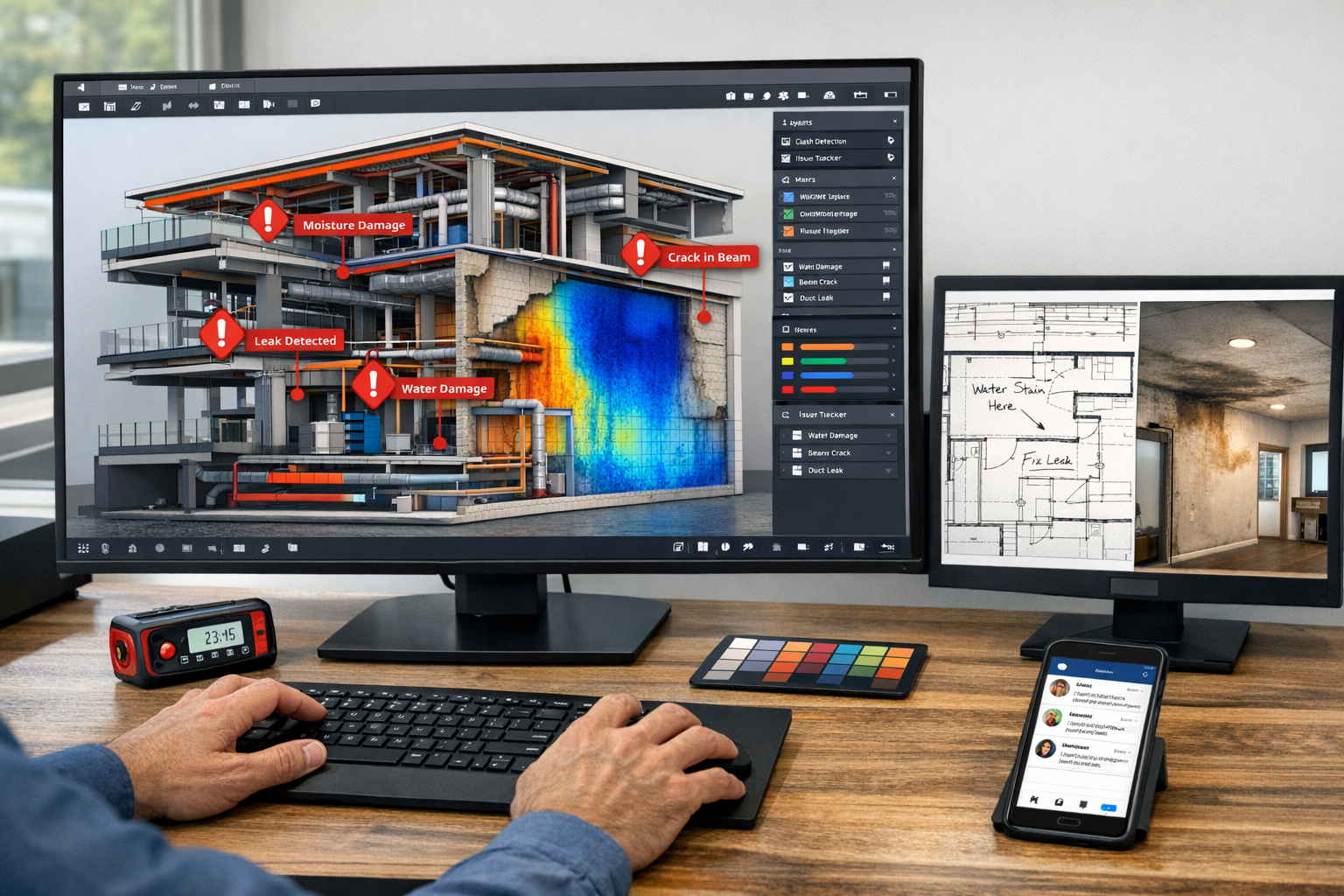 () modern office workspace scene showing large 4K monitor displaying interactive 3D building model in BIM software with