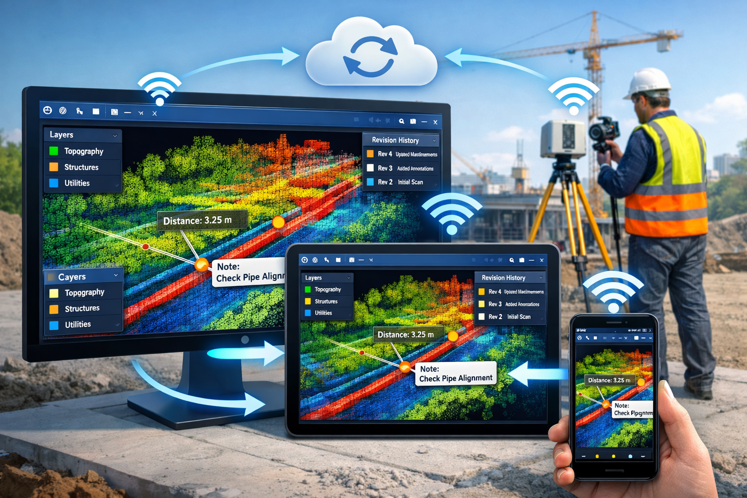Detailed landscape format (1536x1024) illustration showing browser-based 3D visualization interface on multiple devices (desktop monitor, ta