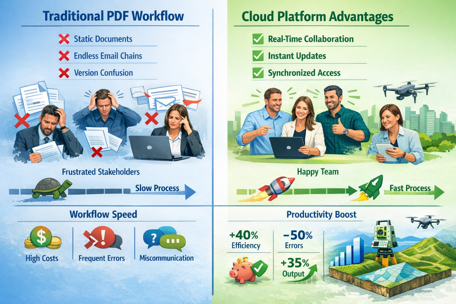Comprehensive landscape format (1536x1024) comparison infographic split vertically down center: left side labeled 'Traditional PDF Workflow'