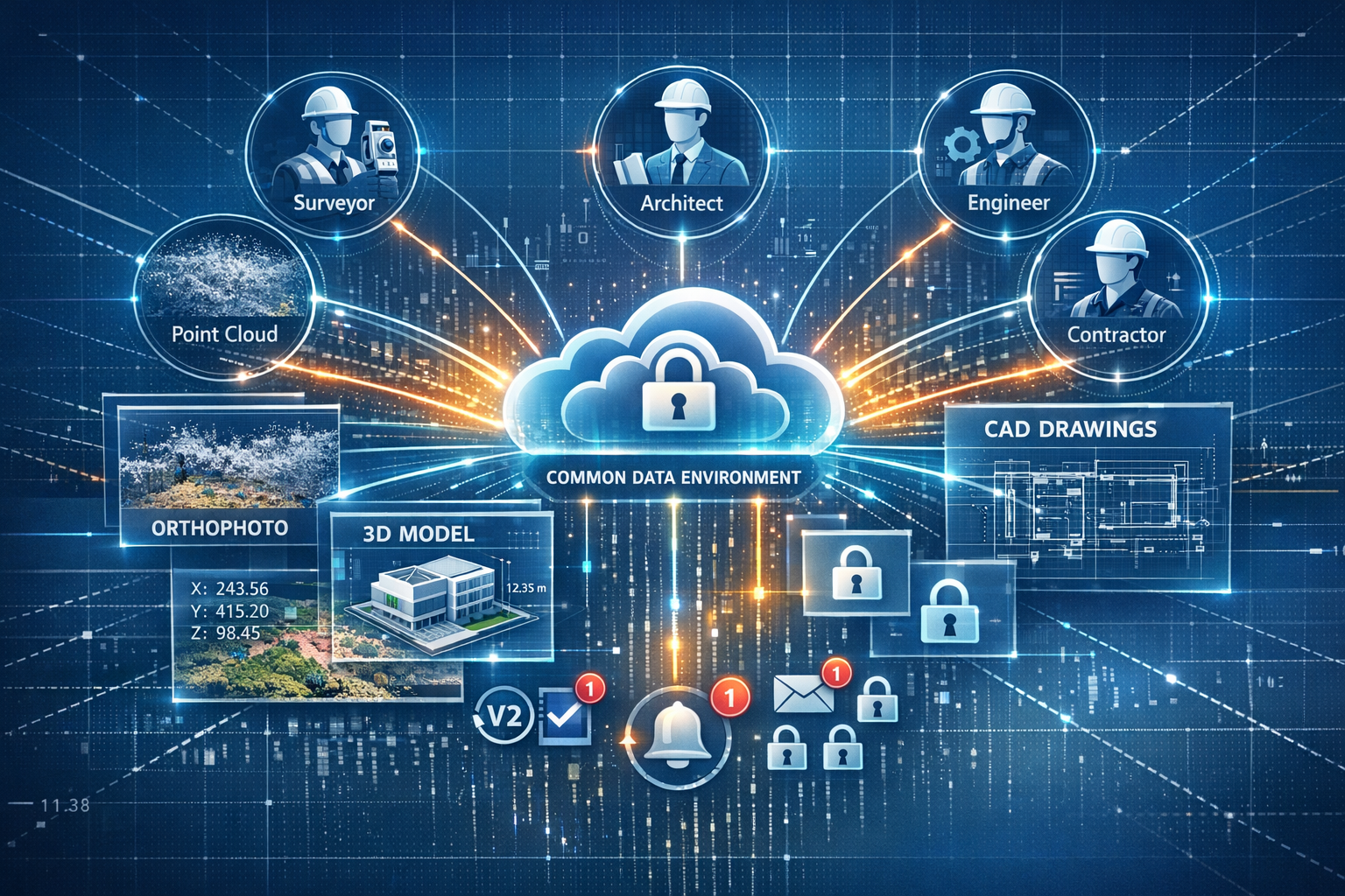 Detailed landscape format (1536x1024) conceptual illustration of unified cloud platform architecture showing central cloud hub with radiatin