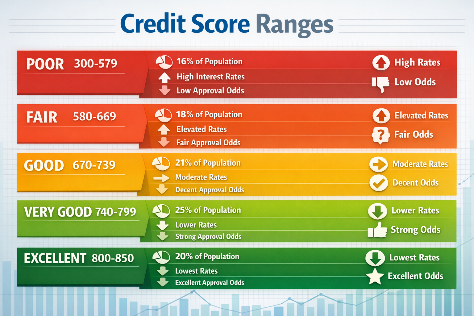 Detailed landscape format (1536x1024) infographic showing the five credit score ranges as horizontal color-coded bars: Poor (300-579) in red
