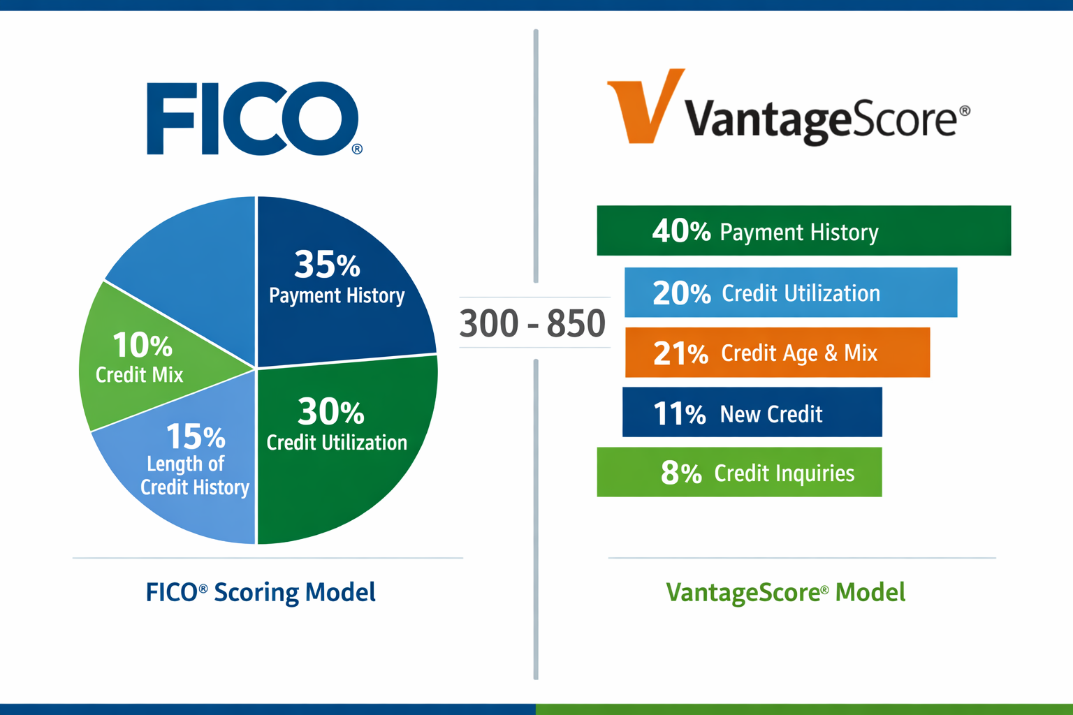 Landscape format (1536x1024) split-screen comparison showing FICO vs VantageScore models side by side. Left side displays FICO logo with sco