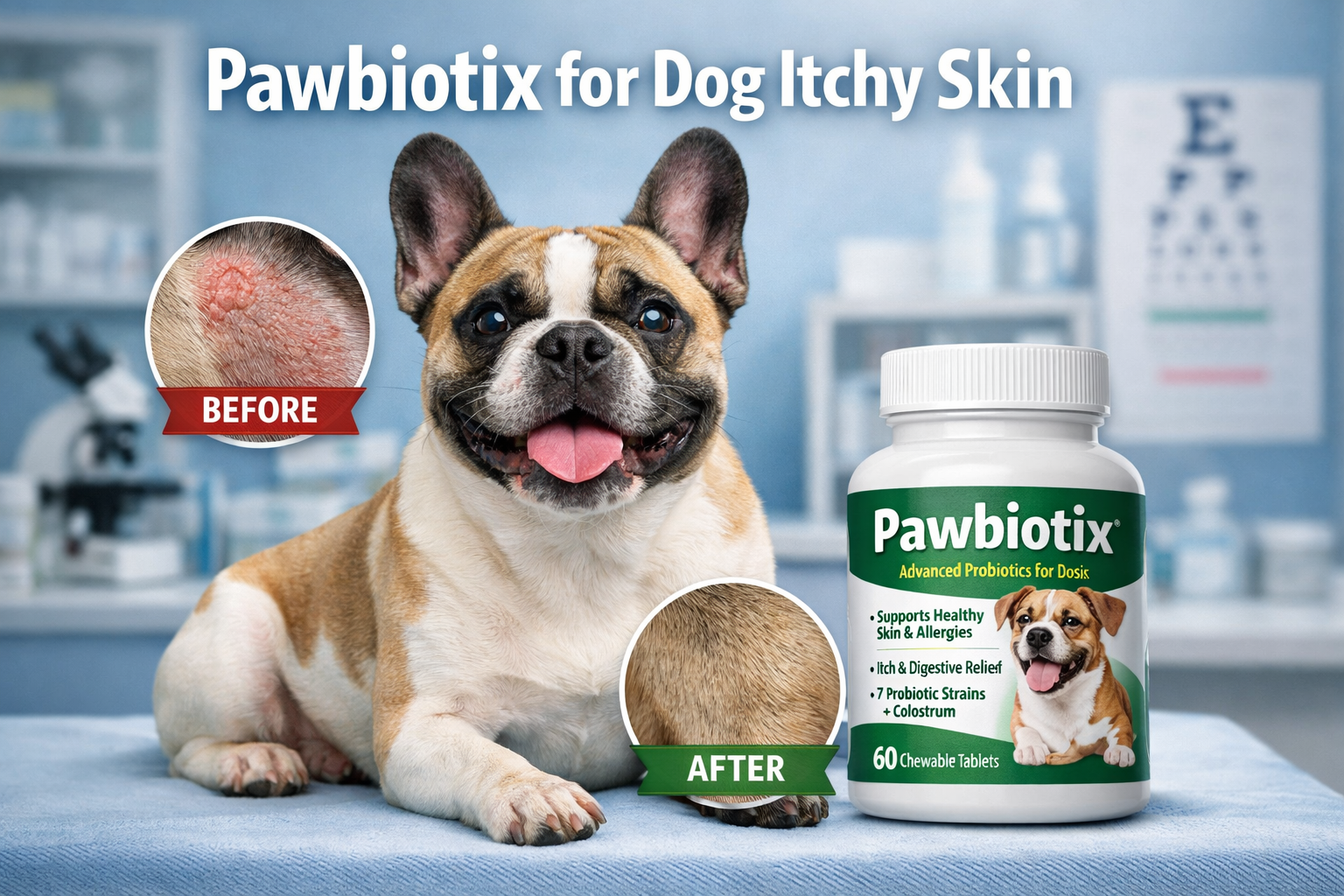 Professional landscape format (1536x1024) hero image featuring a French Bulldog with healthy, clear skin alongside Pawbiotix probiotic suppl