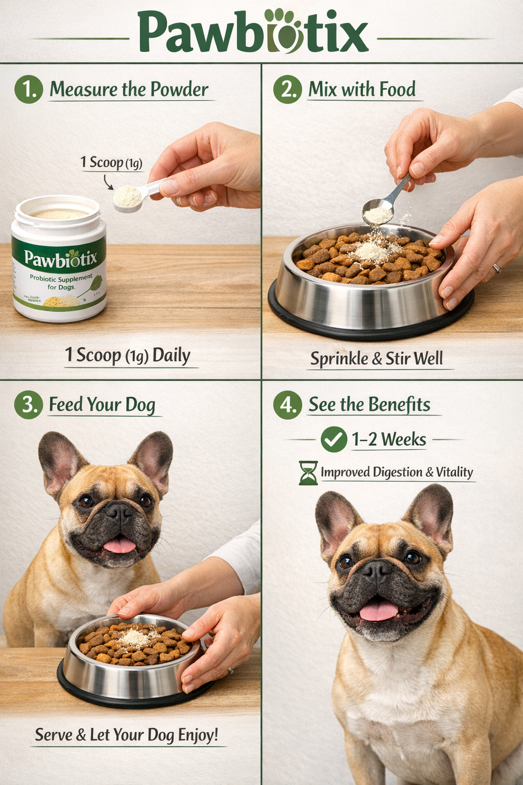 Portrait format (1024x1536) step-by-step visual guide showing proper Pawbiotix administration to a French Bulldog. Split-screen layout with 