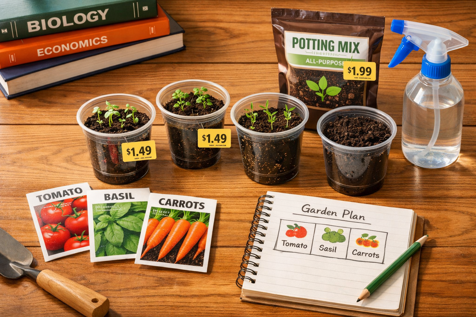 () editorial illustration showing a flat-lay overhead view of a dorm room desk with budget gardening supplies: seed packets