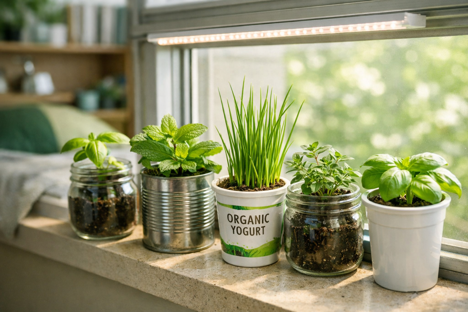 () close-up side-angle photograph of a sunny dorm room windowsill lined with small containers — mason jars, tin cans, and