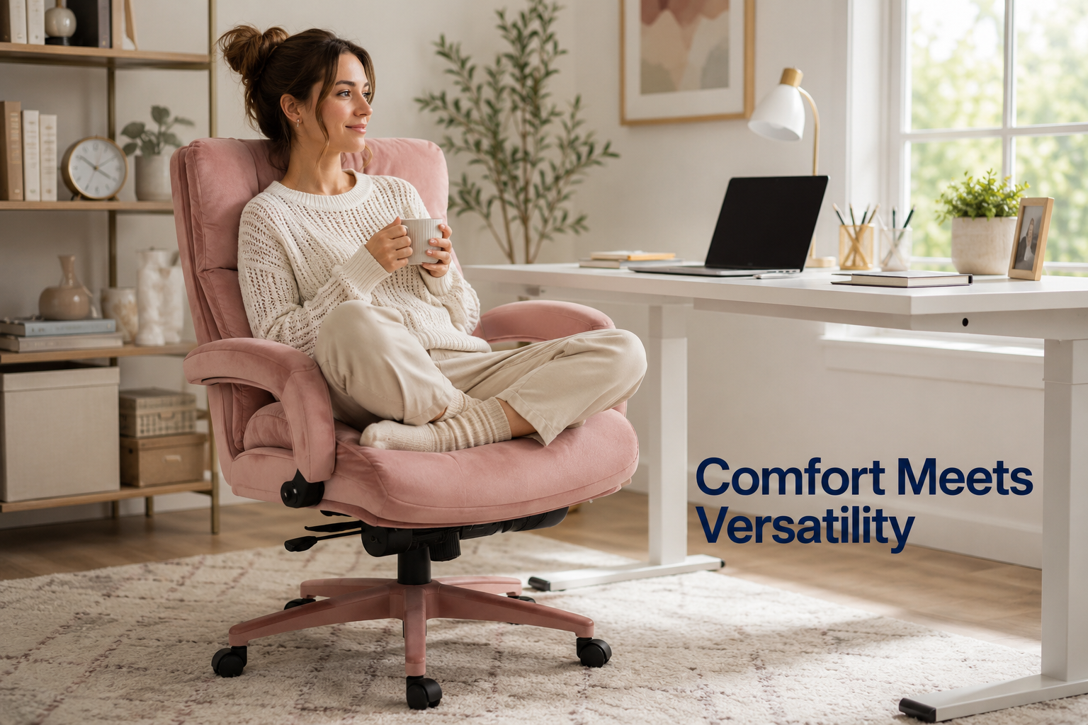 HOMRELEXA Office Chair Landscape format (1536x1024) detailed product lifestyle image showing the HOMRELEXA Office Chair rose-pink velvet multi-use from a three-quarter front angle in a contemporary home office. A person sits cross-legged comfortably in the chair at a white desk, natural light streaming through a window. Visible design details include the thick cushioned seat, recline mechanism, and swivel base. Subtle text overlay reads 'Comfort Meets Versatility' in 36pt navy sans-serif. Warm, editorial quality, clean background with minimal decor, professional photography style.